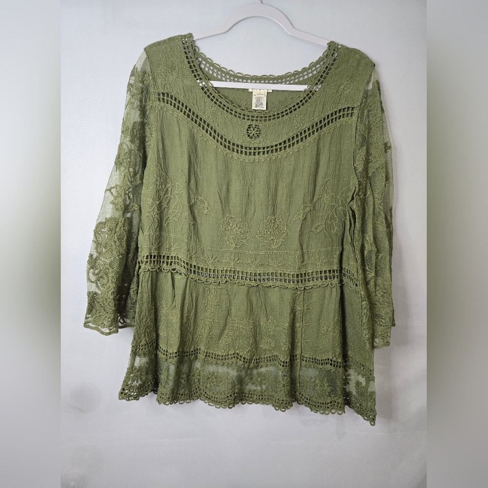 Ultra Pink Olive Green Lace Women's Top Embroidery Lace Details Size XL